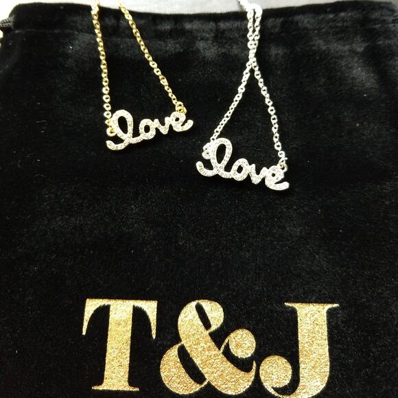 Gold Pave Love Necklace 18k gold plated script 16"-19" mini glass rhinestones - Picture 4 of 8